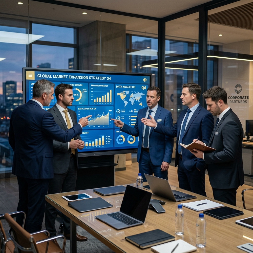 A team of male business consultants in suits gathered around a large digital strategy board displaying charts, graphs and business analytics in a modern boardroom, blue and gold color scheme, professional corporate atmosphere, photorealistic